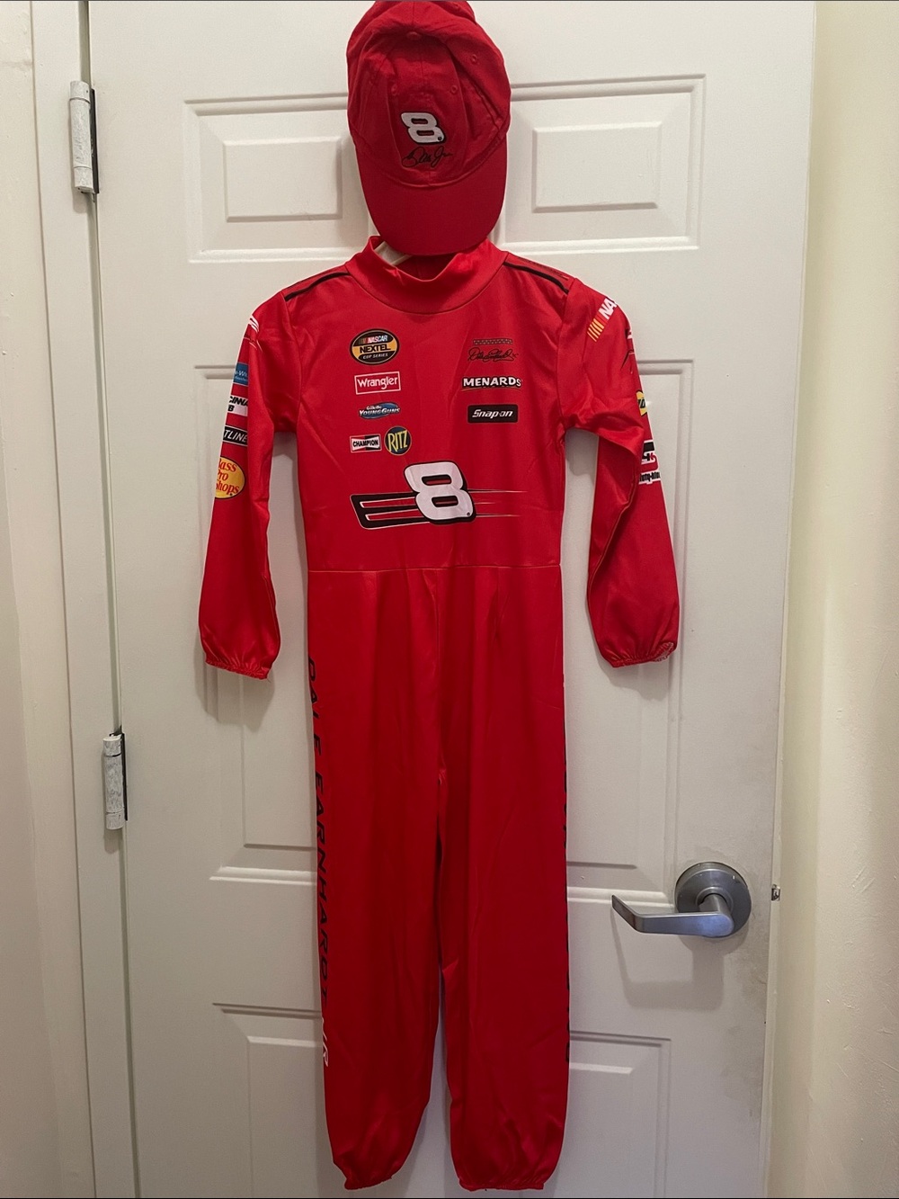 Kids Red Halloween Number 8 Racing One-Piece Costume with Cap; Size M
